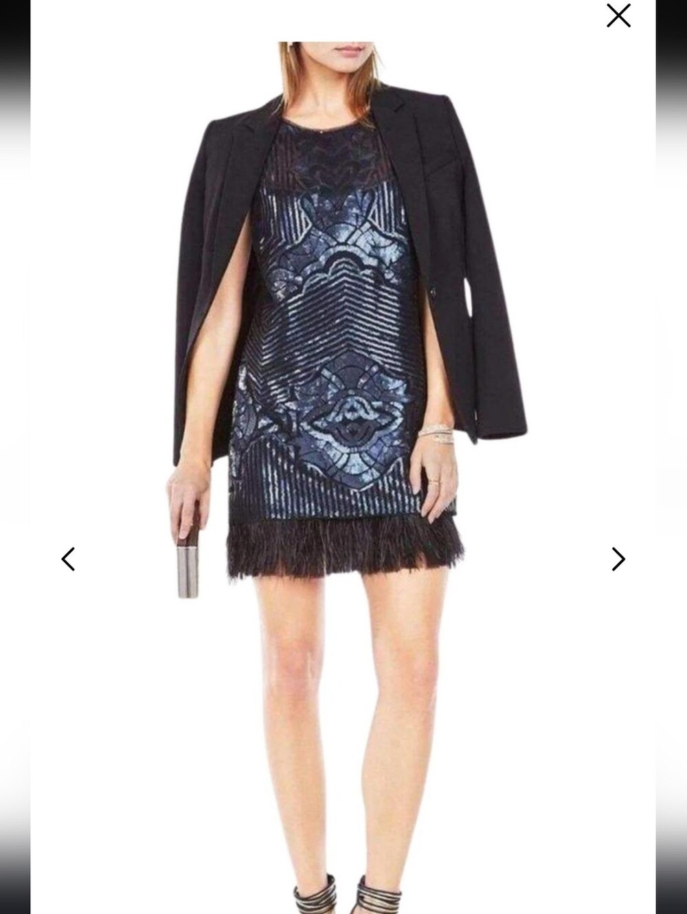 BCBGMAXAZRIA Caterina Navy Blue Sequin Feather Mini Dress Size XXS US 0 $420